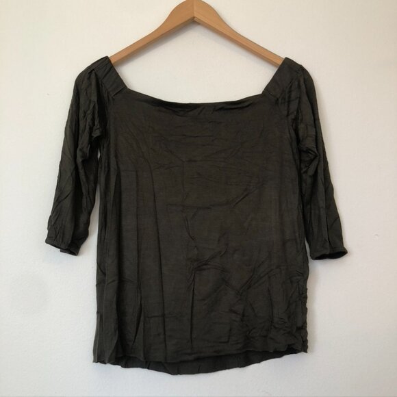 BAILEY 44 ANTHROPOLOGIE ANTHRO Off the Shoulder 3/4 Sleeve Shirt Olive Green Top - Picture 13 of 15